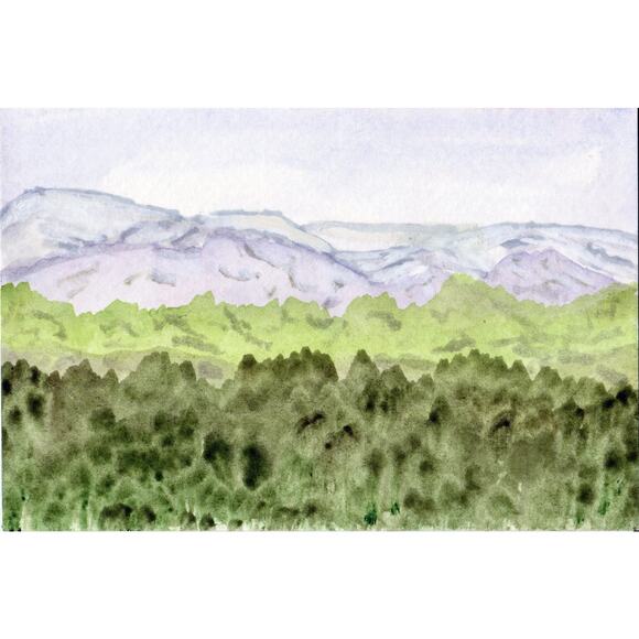 Small Original Watercolor Painting blue green white landscape Far Off Mountains - Picture 2 of 2